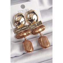 Ebijuteri Pirinç Gold Renk Zirkon Taşlı Kahverengi Inci Ezme Model Vintage Kadın Küpe