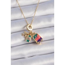 Ebijuteri 316L Çelik Gold Renk Zirkon Taşlı Uçak Bavul Figür Charm Model Kadın Kolye