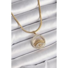 Ebijuteri 316L Çelik Gold Renk Italyan Zincir Zirkon Taşlı Göz Model Kadın Kolye