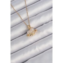 Ebijuteri 316L Çelik Zincir Altın Renk Sedefli Kalp Figür Zirkon Taşlı Gezegen Kolye