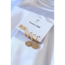 Ebijuteri 316L Çelik Gold Renk Zirkon Taş Detay Çiçek Işleme Kadın Küpe Seti