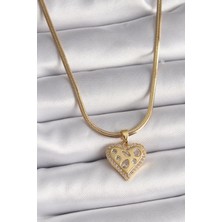 Ebijuteri 316L Çelik Gold Renk Italyan Zincir Zirkon Taşlı Kalp Figür Kadın Kolye
