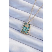 Ebijuteri 316L Çelik Zincir Altın Renk Zirkon Taşlı Mavi Mermer Desenli Taç Model Tarot Kolye