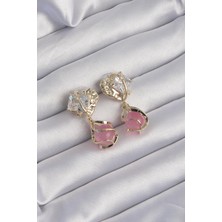 Ebijuteri Pirinç Gold Renk Zirkon Taşlı Pembe Küre Tasarımlı Küpe