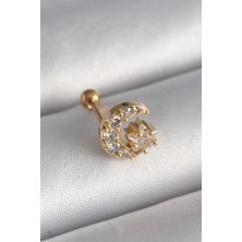 Ebijuteri 316L Çelik Gold Renk Zirkon Taşlı Ay Yıldız Tragus Piercing
