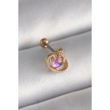Ebijuteri 316L Çelik Gold Renk Pembe Mineli Kalp Zirkon Taş Detay Tragus Piercing