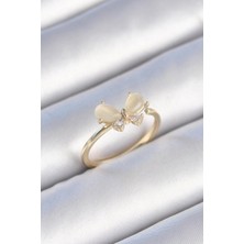 Ebijuteri Pirinç Gold Renk Beyaz Mineli Zirkon Taşlı Kelebek Model Kadın Yüzük