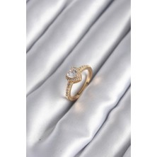 Ebijuteri Pirinç Gold Renk Zirkon Taşlı Kalp Charm Model Kadın Yüzük