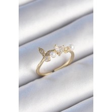 Ebijuteri Pirinç Gold Renk Zirkon Taşlı Kalp Yaprak Model Inci Detay Kadın Yüzük