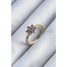 Ebijuteri Pirinç Gold Renk Mor Zirkon Taşlı Lotus Model Kadın Yüzük