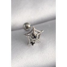 Ebijuteri 316L Çelik Gümüş Renk Siyah Zirkon Taş Detay Örümcek Ağ Model Tragus Piercing