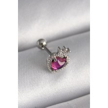 Ebijuteri 316L Çelik Gümüş Renk Pembe Mineli Kalp Zirkon Taş Detaylı Taç Tragus Piercing