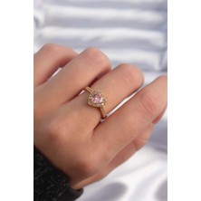 Ebijuteri Pirinç Altın Renk Pembe Zirkon Taşlı Charm Model Ayarlanabilir Yüzük