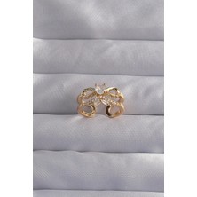 Ebijuteri Pirinç Ayarlamalı Gold Renk Zirkon Taşlı 2li Görünüm Fiyonk Yüzük