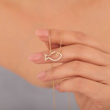 Nox Jewelry 14 Ayar Altın Kaplama Taşlı Balık Figürlü Minimal Gümüş Kolye- CNS00579