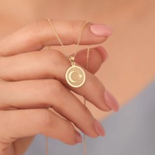 Nox Jewelry 14 Ayar Altın Mikron Kaplama Ay Yıldız Madalyon Kolye – Dokulu Yuvarlak Tasarım - CN00397