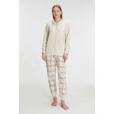 Aria's Closet Fermuarlı Uzun Kol Sweatshirt Pantolon Takım Viskon ve Pamuklu Pijama Takımı