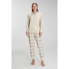Aria's Closet Fermuarlı Uzun Kol Sweatshirt Pantolon Takım Viskon ve Pamuklu Pijama Takımı
