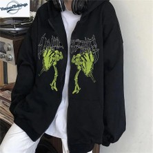 Gossip Team  Harajuku Gothic Retro Butterfly Baskılı Oversize Fermuarlı Siyah Unisex Kapüşonlu Hırka