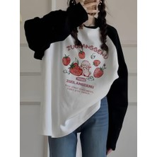 Gossip Team Vintage Reglan Uzun Kollu Strawberry Baskılı Beyaz T-Shirt