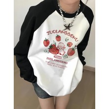 Gossip Team Vintage Reglan Uzun Kollu Strawberry Baskılı Beyaz T-Shirt