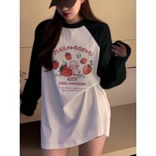 Gossip Team Vintage Reglan Uzun Kollu Strawberry Baskılı Beyaz T-Shirt