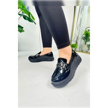 Nstil Günlük Kadın Loafer V Tokalı Kalın Topuklu Tırtıklı Tabanlı Oval Burunlu Makosen Ayakkabı 7697