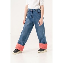 Kız Çocuk Paçası Peluşlu Kot Pantolon G2155