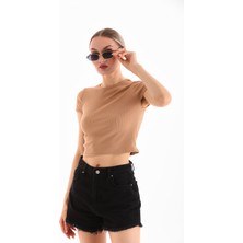 Kadın Likralı Kısa Kol Crop Bluz