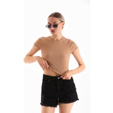 Kadın Likralı Kısa Kol Crop Bluz