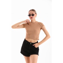 Kadın Likralı Kısa Kol Crop Bluz