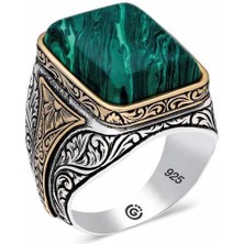 Gumush Gümüş Çizgili Malahit Taşlı Kare Erkek Yüzük