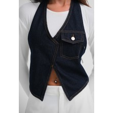 Asimetrik Denim Mavi Yelek