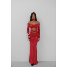 Düşük Omuz Bel Dekolteli Maxi Kırmızı Elbise