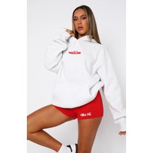 The Champ Clothing White Fox Kadın Gri Melanj With Love In The Moment Baskılı Kapüşonlu Kanguru Cepli Oversize Hoodie