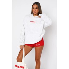 The Champ Clothing White Fox Kadın Gri Melanj With Love In The Moment Baskılı Kapüşonlu Kanguru Cepli Oversize Hoodie