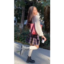 Kadın Siyah Ekoseli Mini Boy Etek Pileli-Örme Kumaş  %100 Pamuk Kalın Kışlık Boombester