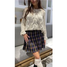 Kadın Siyah Ekoseli Mini Boy Etek Pileli-Örme Kumaş  %100 Pamuk Kalın Kışlık Boombester