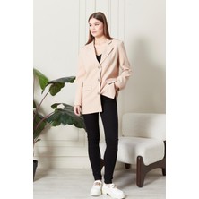 Kadın Oversize Geniş Kalıp Üç Düğmeli Cepli Basic Düz Blazer Ceket - Bej