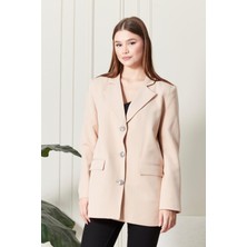 Kadın Oversize Geniş Kalıp Üç Düğmeli Cepli Basic Düz Blazer Ceket - Bej