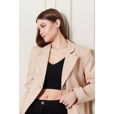 Kadın Oversize Geniş Kalıp Üç Düğmeli Cepli Basic Düz Blazer Ceket - Bej