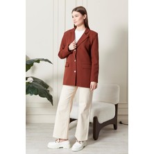 Kadın Oversize Geniş Kalıp Üç Düğmeli Cepli Basic Düz Blazer Ceket - Kiremit