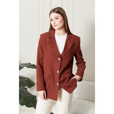 Kadın Oversize Geniş Kalıp Üç Düğmeli Cepli Basic Düz Blazer Ceket - Kiremit