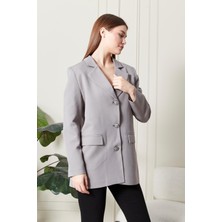 Kadın Oversize Geniş Kalıp Üç Düğmeli Cepli Basic Düz Blazer Ceket - Gri