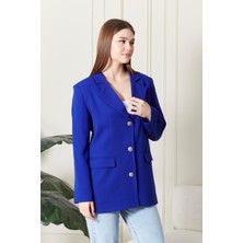 Kadın Oversize Geniş Kalıp Üç Düğmeli Cepli Basic Düz Blazer Ceket - Saks Mavi