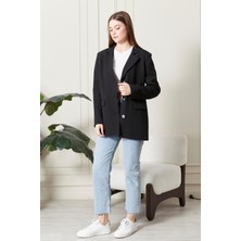 Kadın Oversize Geniş Kalıp Üç Düğmeli Cepli Basic Düz Blazer Ceket - Siyah