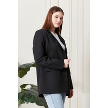 Kadın Oversize Geniş Kalıp Üç Düğmeli Cepli Basic Düz Blazer Ceket - Siyah