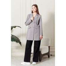 Kadın Oversize Geniş Kalıp Dört Düğmeli Cepli Basic Düz Blazer Ceket - Gri