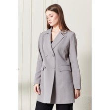 Kadın Oversize Geniş Kalıp Dört Düğmeli Cepli Basic Düz Blazer Ceket - Gri
