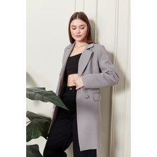 Kadın Oversize Geniş Kalıp Dört Düğmeli Cepli Basic Düz Blazer Ceket - Gri